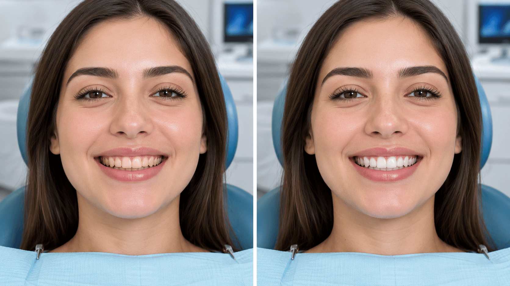 Teeth Whitening result photographed in a consistent clinical setting for realistic smile comparison